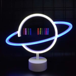 Planet Neon-skilte LED-neonlysskilt med holdersokkel Planet-dekorative lamper Neon-natlampe Planet-dekorationslys (hvid og blå)