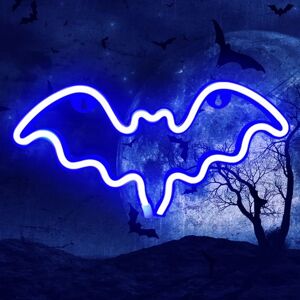 WEIWZI Halloween flagermus neonskilt, vægdekoration, flagermusformet lampe med batteri eller USB-drevet til Halloween-fest, bar, værelsesindretning, børnegave (blå)