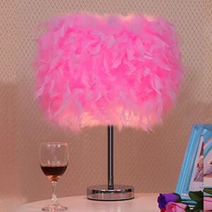 Fjer Bordlampe Vintage Elegant Sengelampe Nat Lys Pink Lampeskærm til soveværelse Foyer Stue Læse Stue