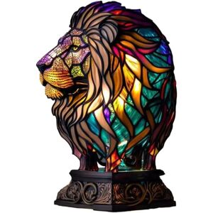 Animal bordlampe serie farvet harpiks Elephant Dragon Wolf Lampe Retro sengelampe Tiffany Style Natlampe Bohemian Resin Lampe til Bedroo-WELLNGS lejon