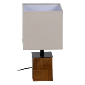 LOLAhome Lámpara mesita de noche cubo con pantalla de tela de madera marrón y beige de 20x20x40 cm