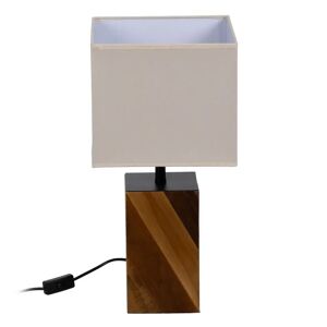LOLAhome Lámpara de mesa cubo con pantalla de tela de madera marrón y beige de 25x25x51 cm