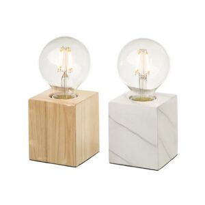 LOLAhome Set de 2 lámparas de diseño cubo de madera blanco y natural de 7x7x18 cm