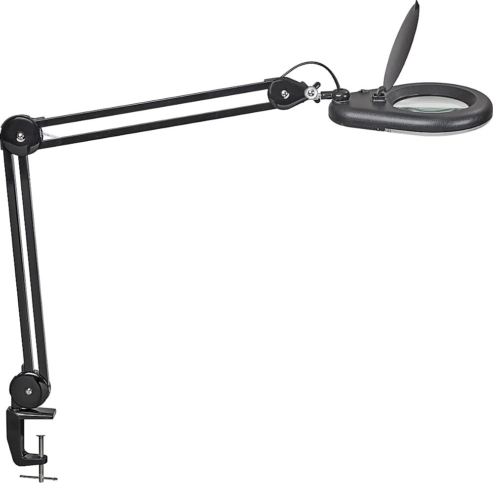 MAUL Lámpara LED con lupa viso, longitud de brazo 410 mm, con pinza para mesa, negra