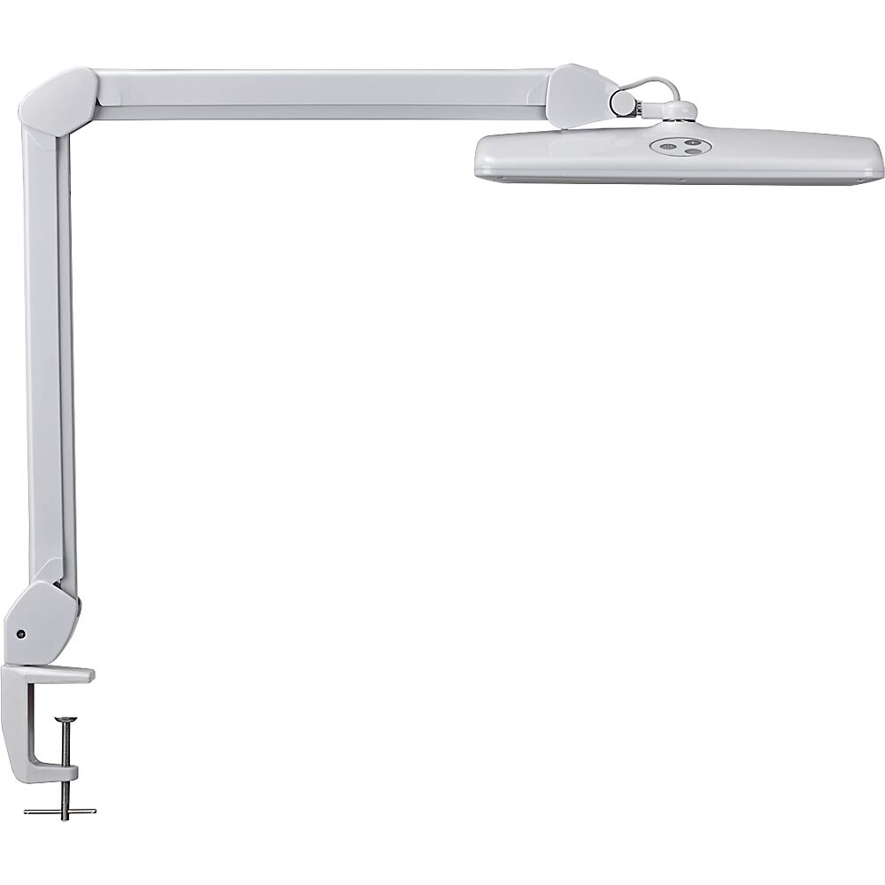MAUL Lámpara LED para el puesto de trabajo intro, atenuable, giro de 360°, pie con pinza de sujeción, blanco