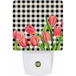 F¿ºte Des Meres Tulipe Plug-In Led Veilleuse Printemps Tulipes Fleur Noir Blanc Buffalo Plaid Du Crepuscule A L'aube Capteur De Mouvement Lampe De Nuit Pour Chambre Cuisine Couloir Escaliers - Publicité