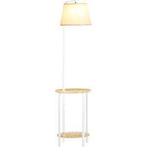 HOMCOM Lampe sur pied lampadaire salon avec abat-jour en tissu 2 étagères rondes en bois interrupteur au pied hauteur 162 cm blanc