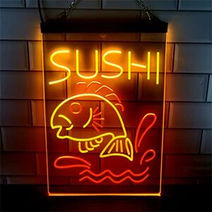 KEYQEEN Enseigne au néon de magasin de poissons de sushi, décor de restaurant personnalisé néons panneau d'affichage LED veilleuses, enseigne lumineuse suspendue au mur, 30x40cm,Red yellow - Publicité