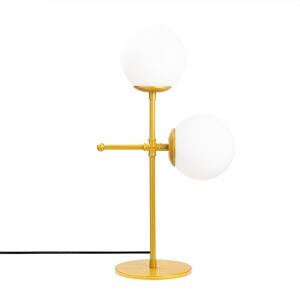 Lampe de table dorée 2 lumières avec sphères en verre blanc