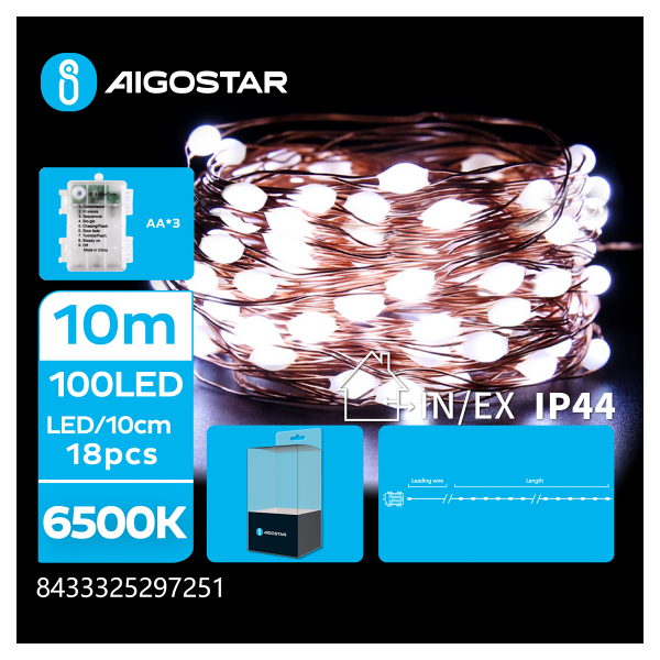 aigostar catena luminosa a batteria 3aa con fili in rame 100 led - 6500k luce fredda 8 modalitÃ  illuminazione 10mt ip44 interno/esterno