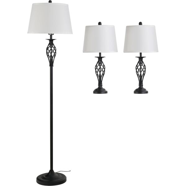 homcom set 3 pezzi: 1 lampada da terra e 2 lampade da tavolo in metallo, design vintage, lampadine e27, nero e bianco