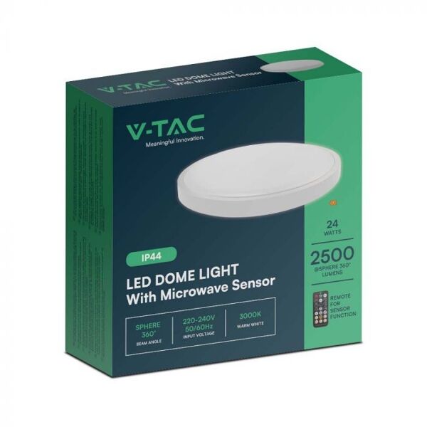 v-tac vt-8624s plafoniera led 24w sensore di movimento microonde integrato e telecomando ip44 rotonda bianca 360° 6500k - sku 76641