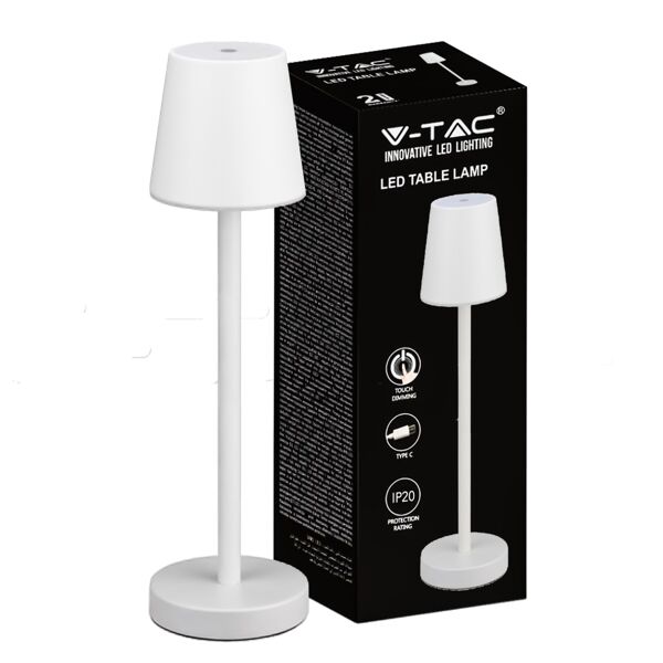 v-tac lampada led da tavolo 3w ricaricabile a batteria colore bianco usb c touch dimmerabile 4000k luce tavolo ristorante da interno ip20 - 10192