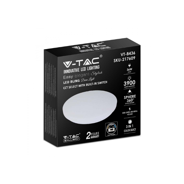 v-tac vt-8436 plafoniera led 36w circolare bianca color change 3in1 switch interno cover opaca satinata ip20 - sku 217609