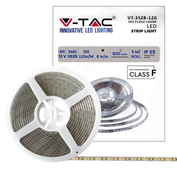 v-tac vt-3528 striscia led 12v smd3528 5m 8w/m 120led/m 100lm/w monocolore bianco freddo 6500k ip65 - sku 212037