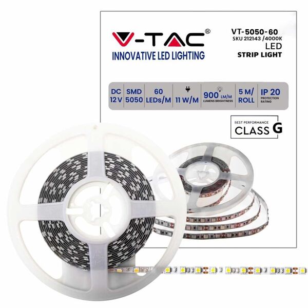 v-tac vt-5050 striscia 300led smd5050 strip led 12v 5mt 11w/m 60led/m ip20 bianco naturale 4000k - sku 212143