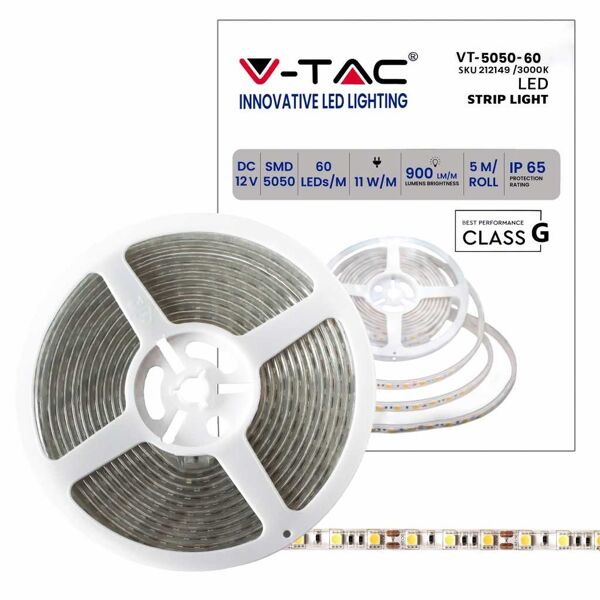 v-tac striscia 300led 11w/mt smd5050 strip 5m ip65 - mod. vt-5050 sku 212149 - bianco caldo 3000k