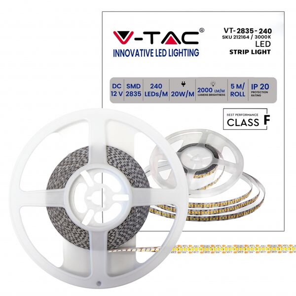 v-tac striscia 1200led strip led 12v 20w/m smd2835 5m alta luminosità 2000lm/m 3000k ip20 sku 212164