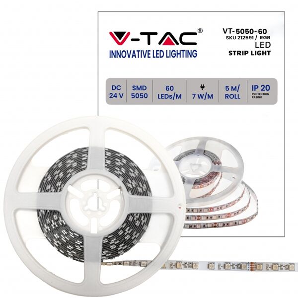 v-tac vt-5050 striscia led 300led 7w/m 24v smd5050 multicolore rgb ip20 5mt 10mm - 212591