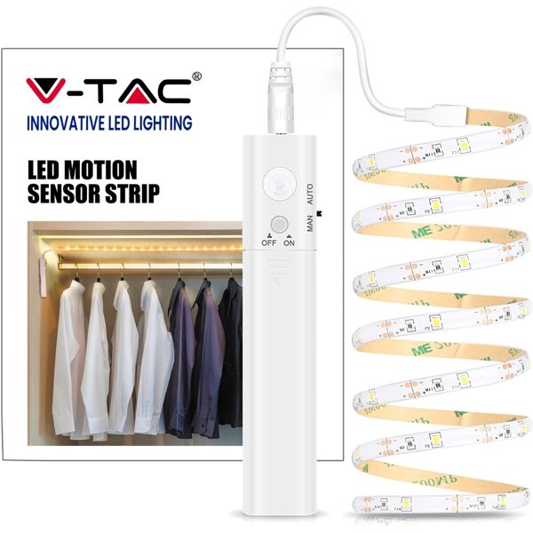 v-tac vt-8082 kit striscia led 2.8w 1m ip65 con alimentazione a batterie e sensore movimento pir bianco naturale 4000k - sku 2574