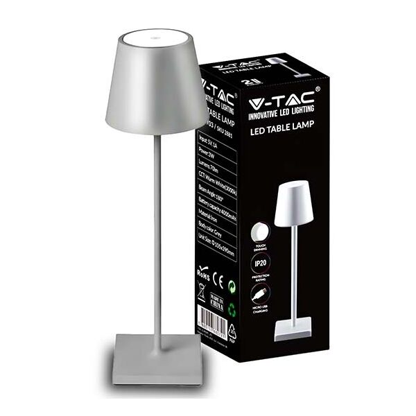 v-tac vt-7703 lampada da tavolo poldina led 3w bianco naturale 4000k con batteria 4000ma pulsante on/off dimmerabile touch colore argento ip20 - sku 2882