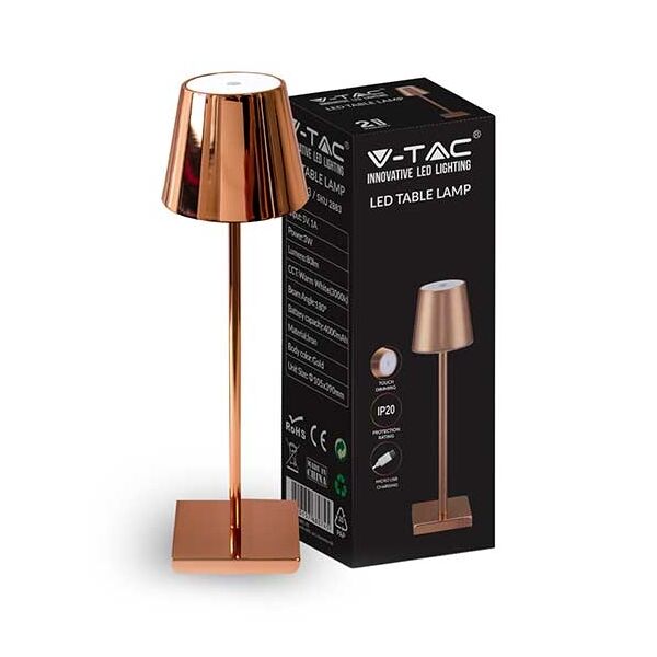 v-tac vt-7703 lampada da tavolo poldina led 3w bianco caldo 3000k con batteria 4000ma pulsante on/off dimmerabile touch colore oro ip20 - sku 2883