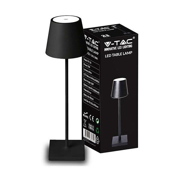 v-tac vt-7703 lampada da tavolo poldina led 3w bianco naturale 4000k con batteria 4000ma pulsante on/off dimmerabile touch colore nero ip20 - sku 2888