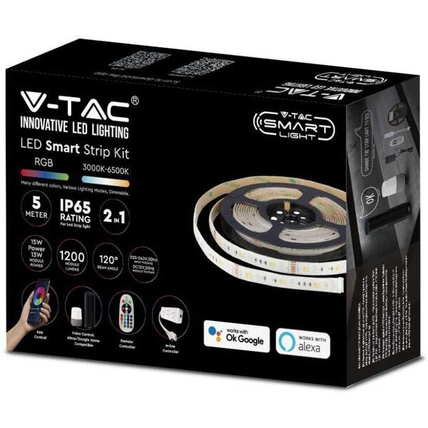 v-tac smart home strip alexa google vt-5050 kit striscia led rgb+3in1 smd5050 wifi ip65 dimmerabile gestione smartphone - sku 2910