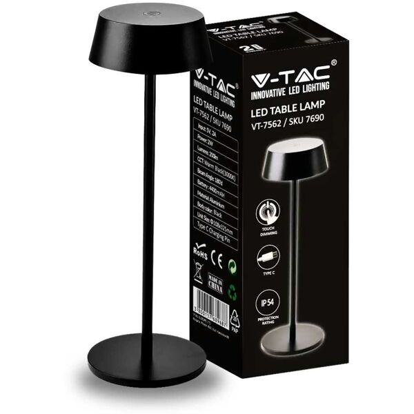 v-tac vt-7562 lampada led da tavolo colore nero 2w in alluminio ricaricabile usb con touch dimmerabile ip54 3000k sku 7690