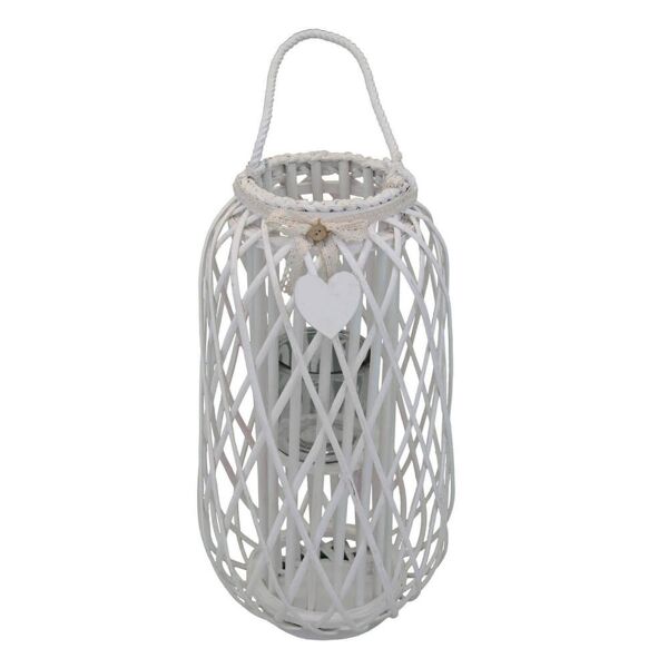 milani home lanterna in vimini floriane colore bianco con vetro e nastro in pizzo e decoro bianco x 76 x cm