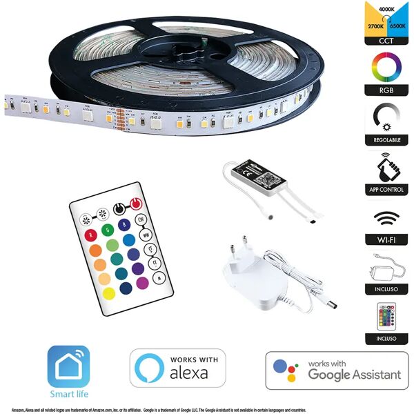 tecnomat kit strip led suprema smart wifi fino a 36w 650 lumen/m cct e rgb 5m 12v con telecomando ip54