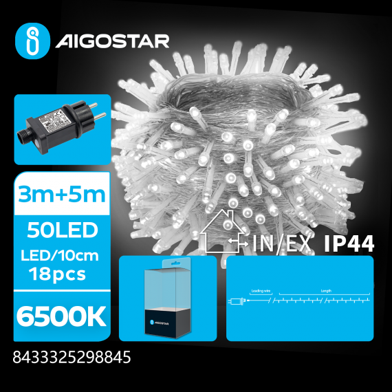 Aigostar catena luminosa lampadine a testa piatta 50 led 5mt - 6500k luce fredda bianca - 8 giochi di luce - ip44 interno/esterno