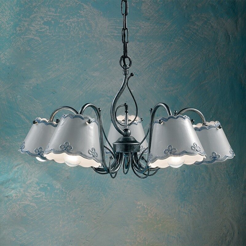 Ferroluce Classic Ravenna Lampadario Rustico A 5 Luci In Ceramica Decorata A Mano