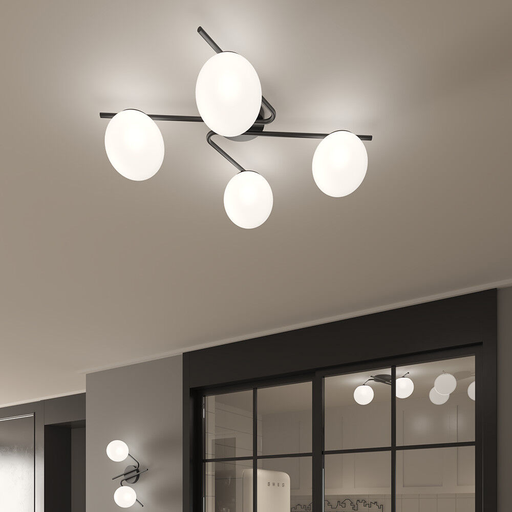 Top Light Illuminazione Holly Plafoniera Nera Design Moderno A 4 Luci Sfere In Vetro Bianco