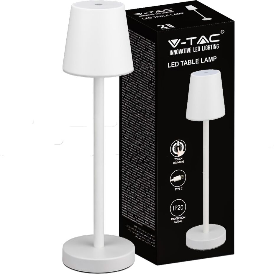 V-Tac Lampada Led Da Tavolo 3w Ricaricabile A Batteria Colore Bianco Usb C Touch Dimmerabile 4000k Luce Tavolo Ristorante Da Interno Ip20 - 10192