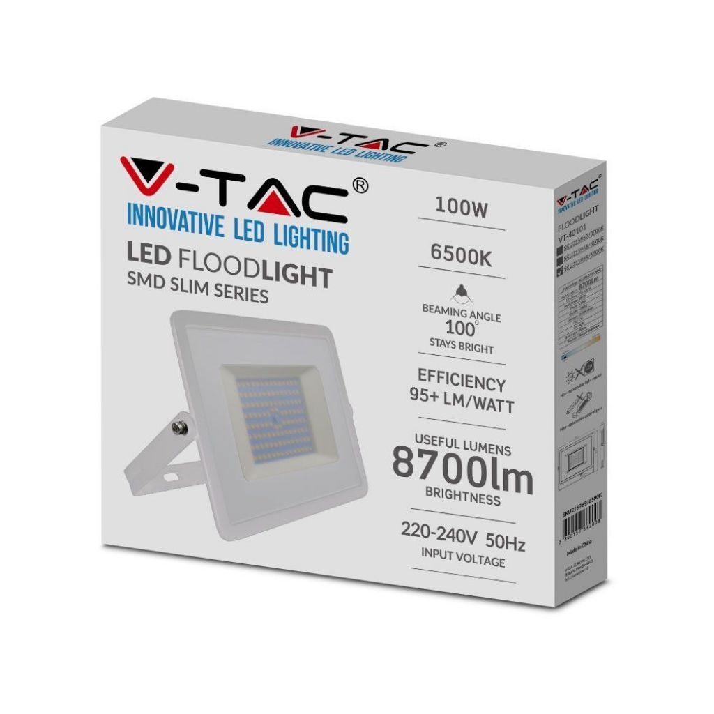 V-Tac Vt-40101 Faro Led 100w E-Series Super Slim Bianco Ip65 Bianco Freddo 6500k - Sku 215969