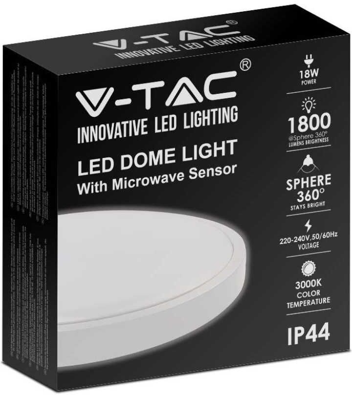 V-Tac Vt-8618s-W-Rd Plafoniera Led 18w Sensore Di Movimento Microonde Integrato Ip44 Rotonda Bianca 360° 6500k - Sku 7661