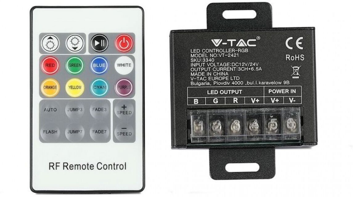 V-Tac Vt-2421 Controller Dimmer Per Strip Led Rgb Con Telecomando - Sku 3340