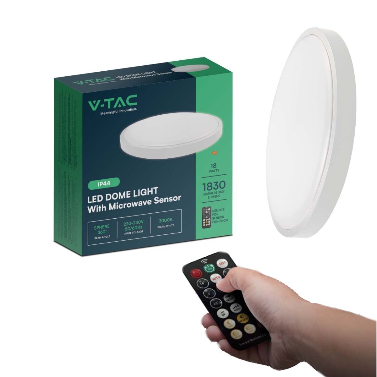 V-Tac Vt-8618s - Plafoniera 18w, Sensore A Microonde Integrato, 4000k Corpo Bianco, Ip44 Con Telecomando - 76601