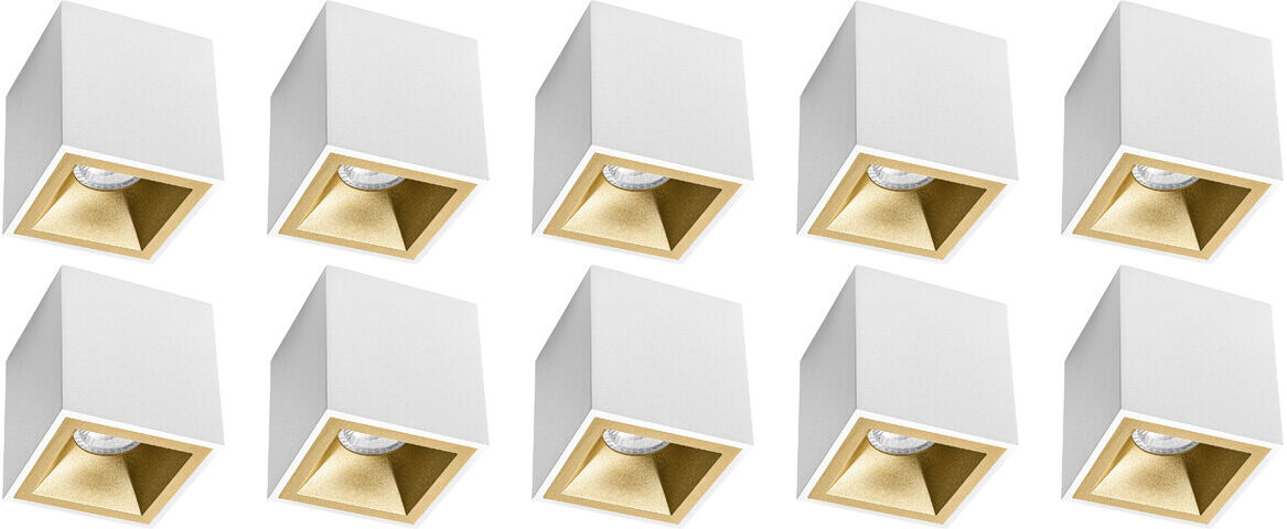 BES LED Opbouwspot 10 Pack - Pragmi Cliron Pro - GU10 Fitting - Opbouw Vierkant - Mat Wit/Goud - Aluminium - Verdiept - Ø90mm