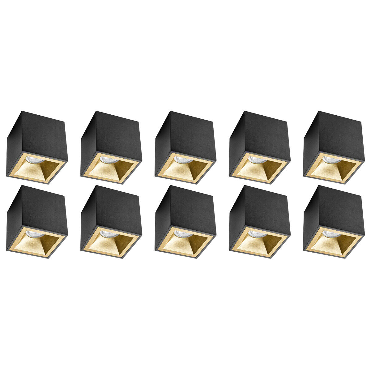 BES LED Opbouwspot 10 Pack - Pragmi Cliron Pro - GU10 Fitting - Opbouw Vierkant - Mat Zwart/Goud - Aluminium - Verdiept - Ø90mm
