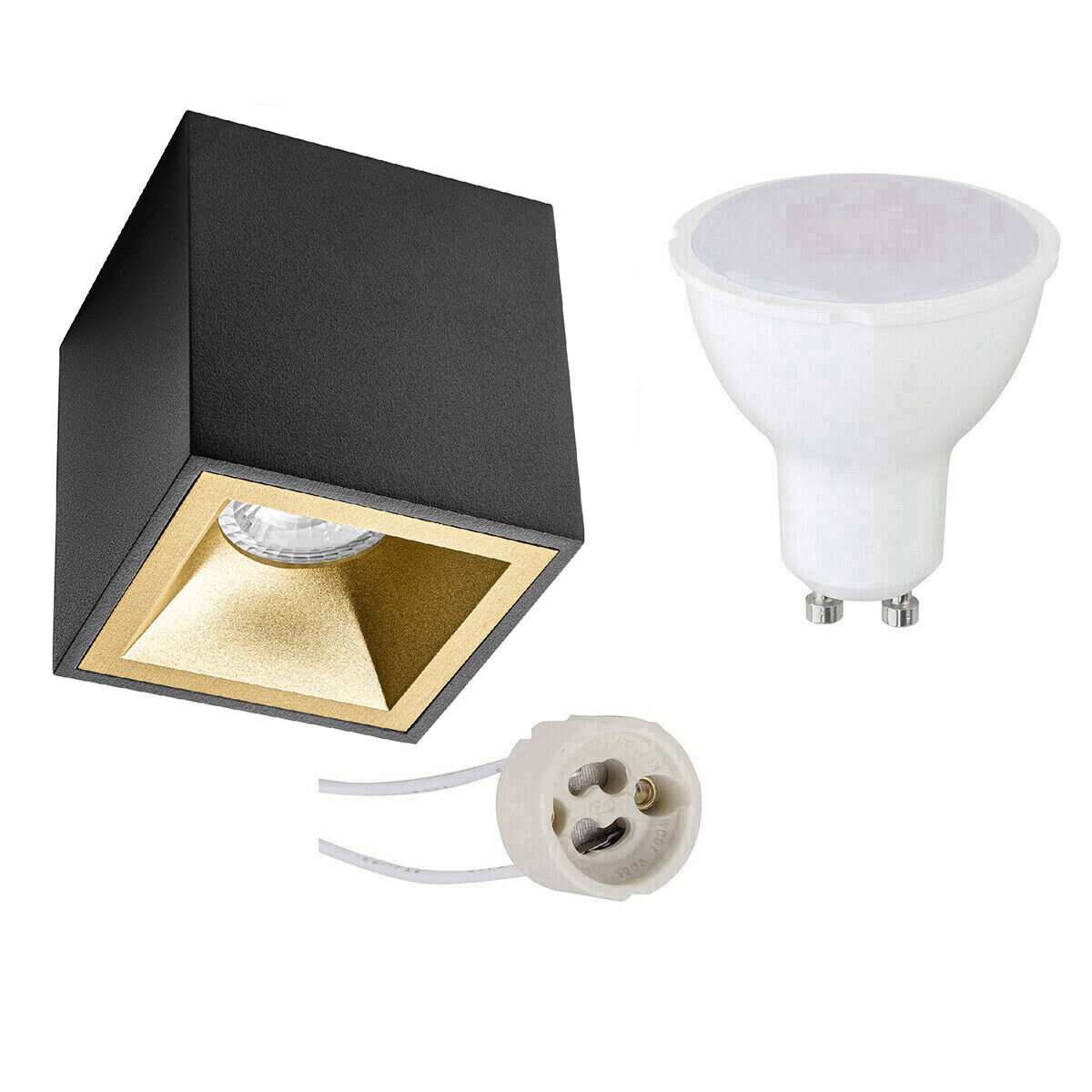 BES LED Opbouwspot Set - Pragmi Cliron Pro - GU10 Fitting - Dimbaar - Opbouw Vierkant - Mat Zwart/Goud - 6W - Warm Wit 3000K - Verdiept - 90mm