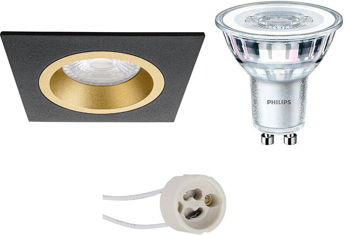 BES LED Voordeelset: LED Spot Set - Pragmi Rodos Pro - GU10 Fitting - Inbouw Vierkant - Mat Zwart/Goud - 93mm - Philips - CorePro 830 36D - 4.6W - Warm Wit 3000K - Voordeelset