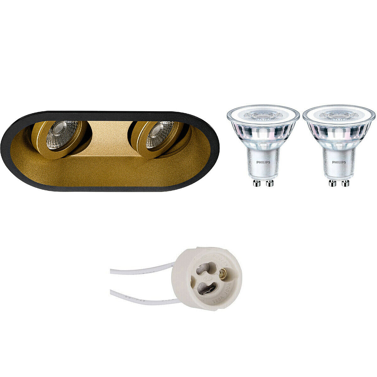 BES LED Voordeelset: LED Spot Set - Pragmi Zano Pro - GU10 Fitting - Inbouw Ovaal Dubbel - Mat Zwart/Goud - Kantelbaar - 185x93mm - Philips - CorePro 830 36D - 5W - Warm Wit 3000K - Dimbaar - Voordeelset