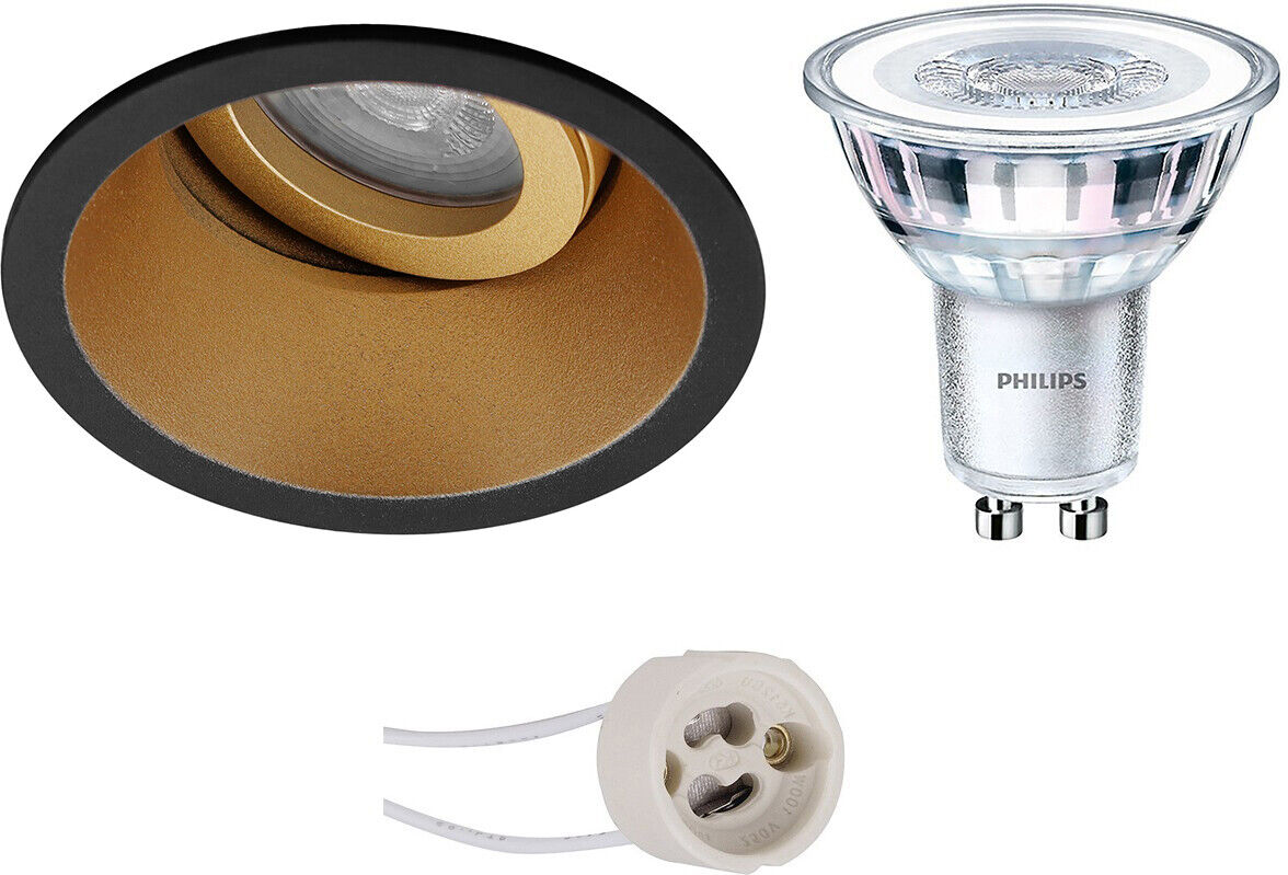 BES LED Voordeelset: LED Spot Set - Pragmi Zano Pro - GU10 Fitting - Inbouw Rond - Mat Zwart/Goud - Kantelbaar - Ø93mm - Philips - CorePro 827 36D - 4W - Warm Wit 2700K - Dimbaar - Voordeelset