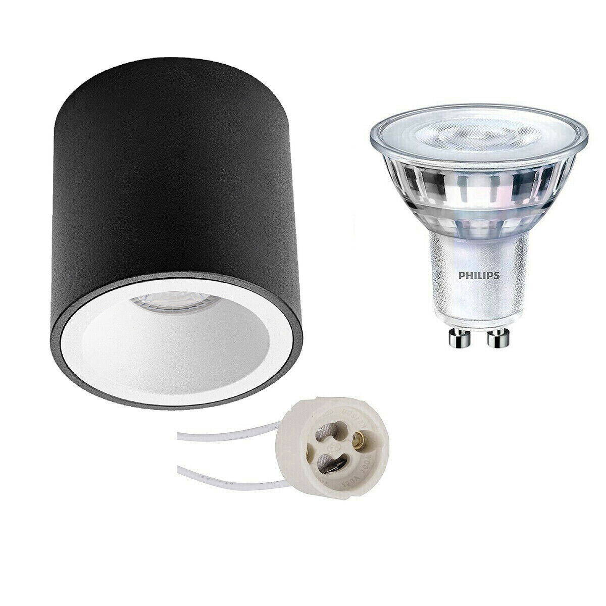 BES LED Voordeelset: Opbouwspot Set - Pragmi Cliron Pro - GU10 Fitting - Opbouw Rond - Mat Zwart/Wit - Verdiept - Ø90mm - Philips - SceneSwitch 827 36D - 1.5W-5W - Warm Wit 2200K-2700K - Dimbaar - Voordeelset