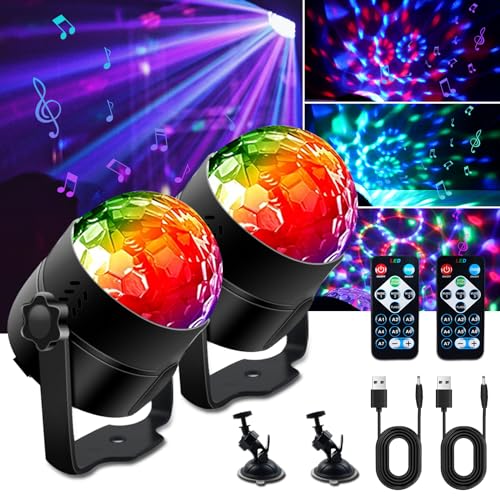 Bonlux Set van 2 discoballen bestuurd door RGB DJ muziek LED lichteffect 3 W 5 V 3 standen 7 kleuren met afstandsbediening en RGB USB-kabel 360° roterende disco voor feestjes, Kerstmis, kinderen, enz.