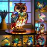 BUXTOM Dieren Tafellamp Serie, 3D Gebrandschilderd Glas Haan/Kat/Draak/Wolf/Dolfijn/Paard/Uil/Schildpad Tafellamp Nachtlicht, Retro Gebrandschilderd Hars Dier Lamp voor Woondecoratie (Uil)