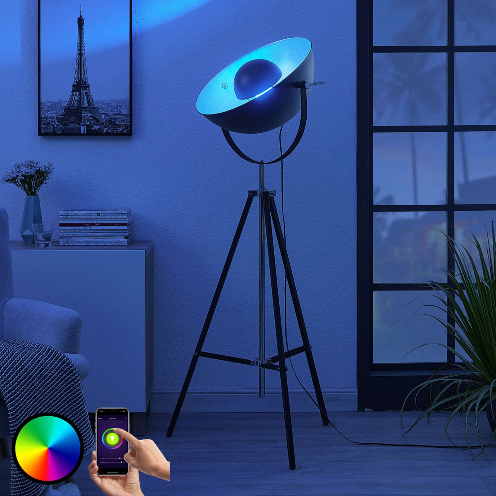 Lindby Smart LED-trefots-gulvlampe Muriel, sølv