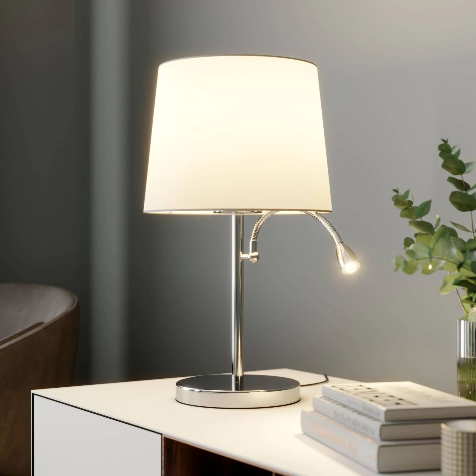 Lindby Bordlampe Benjiro i tekstil med LED-leselampe